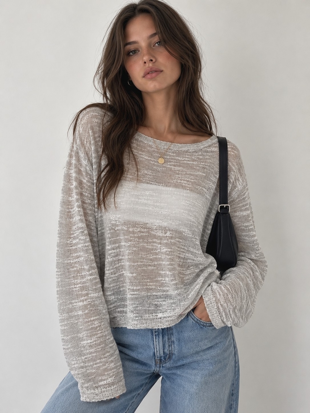 Brandy Melville Grey White Marled Sheer Knit Oversized Sweater One Size